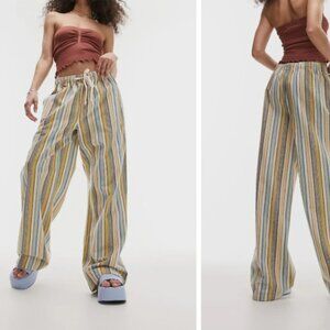 Topshop Textured Stripe Pull On Pants Women's XS Drawstring Raw Hem Coastal Boho